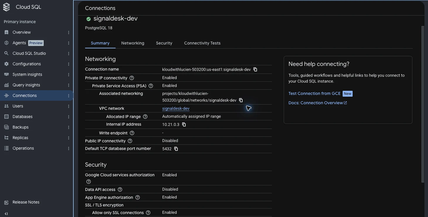 Private PostgreSQL connectivity
